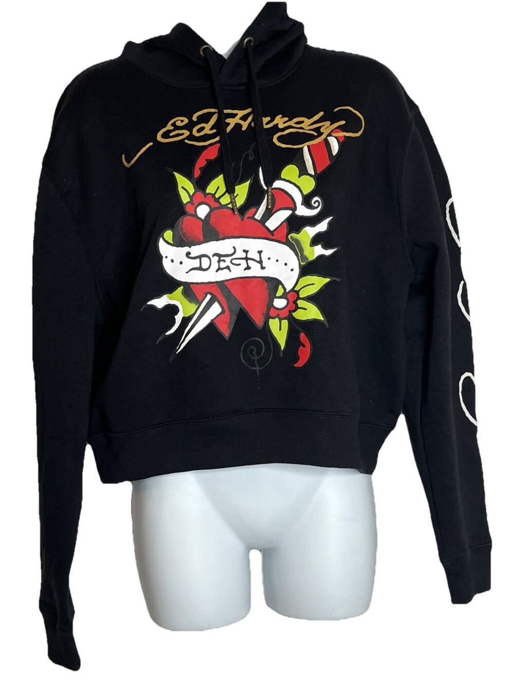 Ed Hardy L Black DEH Tattoo Cropped Long Sleeve Pullover Hoodie Sweatshirt